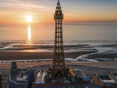Blackpool Tower at sunset, Blackpool, Lancashire, England.